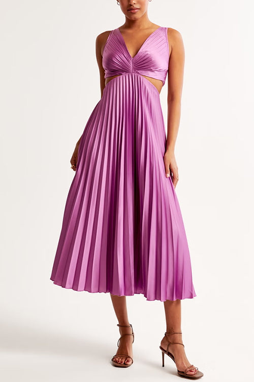 GR | V-neck Cut-Out Waist Sleeveless Pleated Maxi Dress