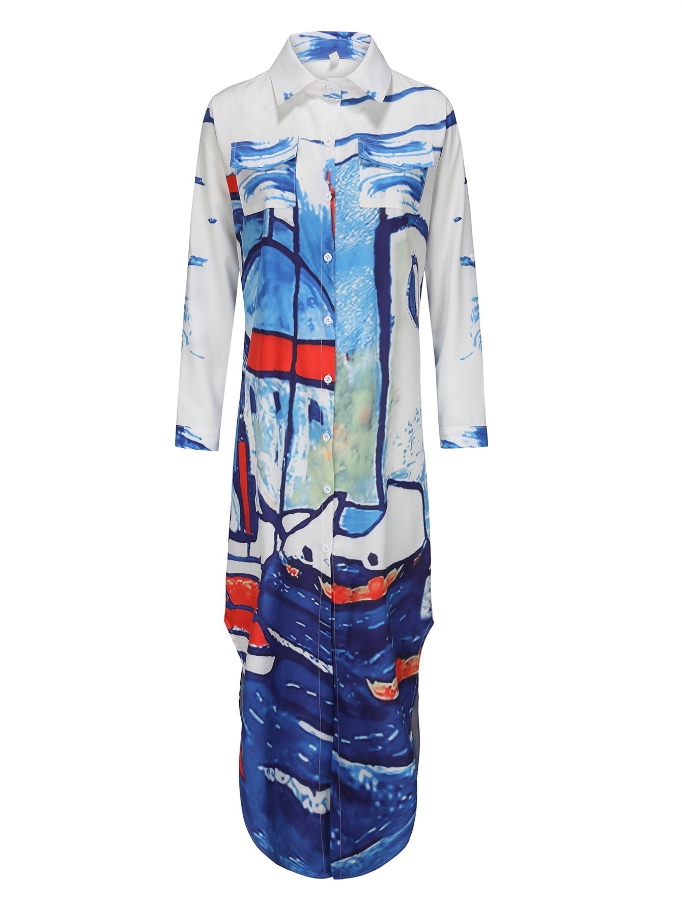 GR | Langarm Kleid mit Gesichtsmuster in Blau und Weiß