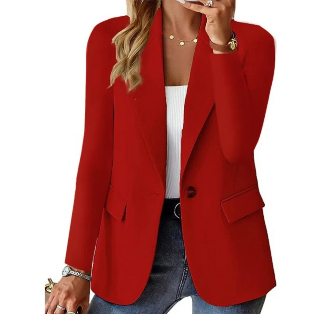 Solid women's blazer with long sleeves and narrow pocket buckle.