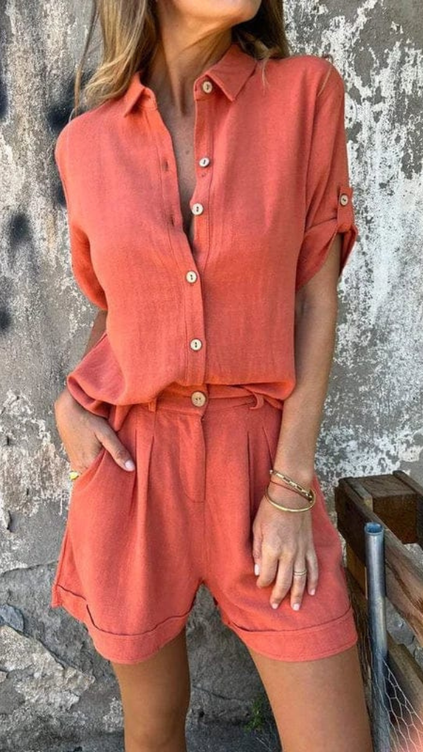 GR | Wrinkle-free linen women's set: shorts and blouse with breathable comfort