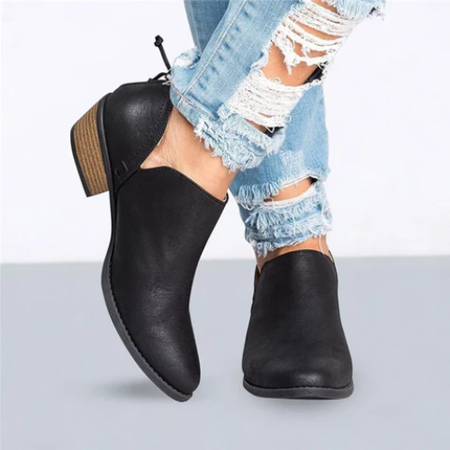 GR | Women's faux leather ankle boots with side cutout, low block heel, casual