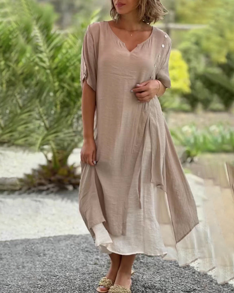 GR | Asymmetrisches Kleid mit kurzen Ärmeln und V-Ausschnitt