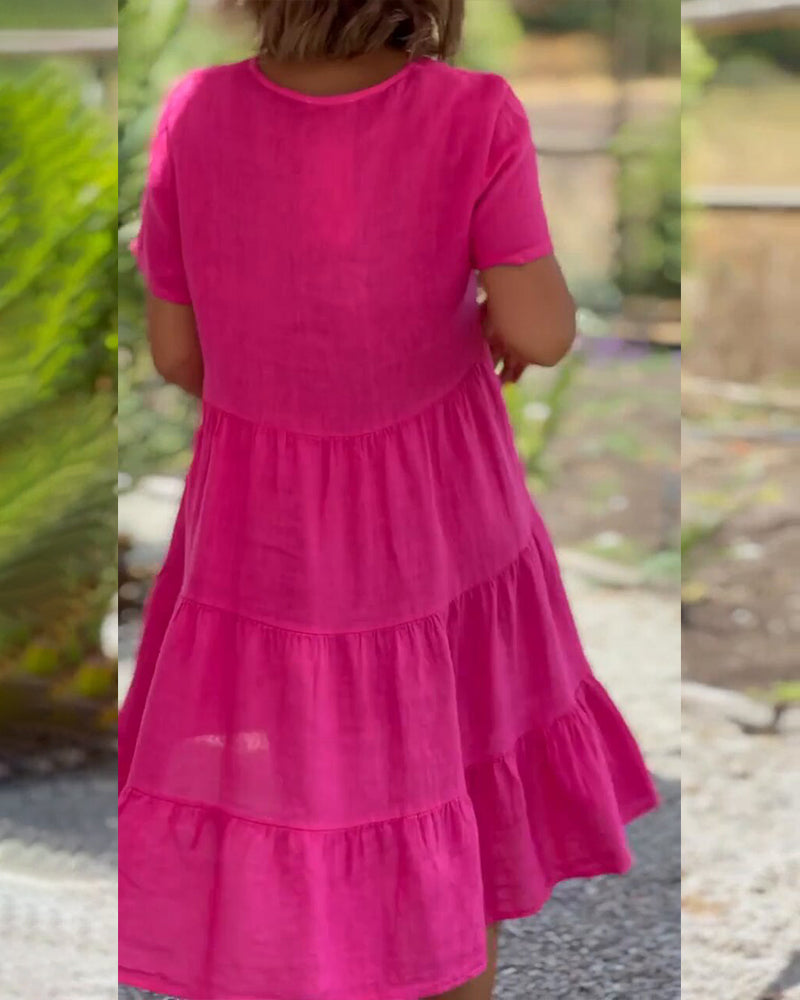 GR | Plain cotton-linen dress with V-neck