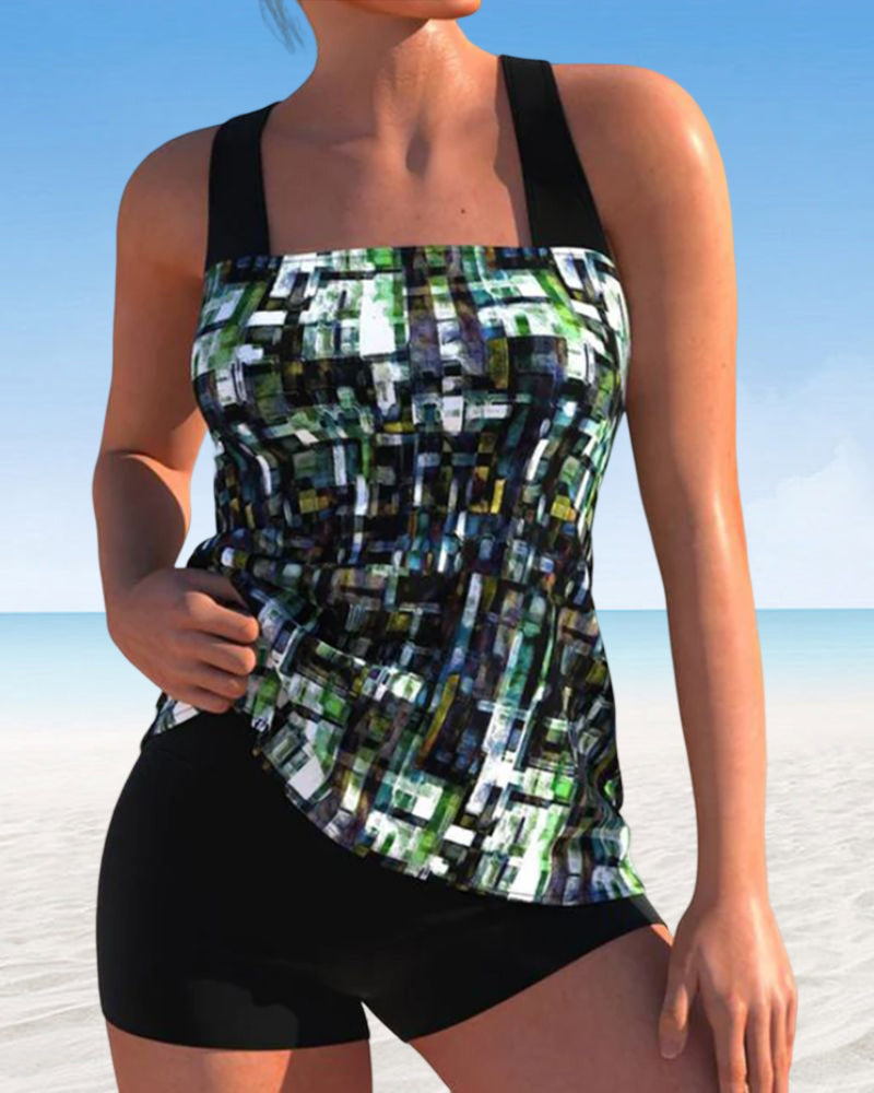 GR | Printed tankini swimsuit with square neckline 