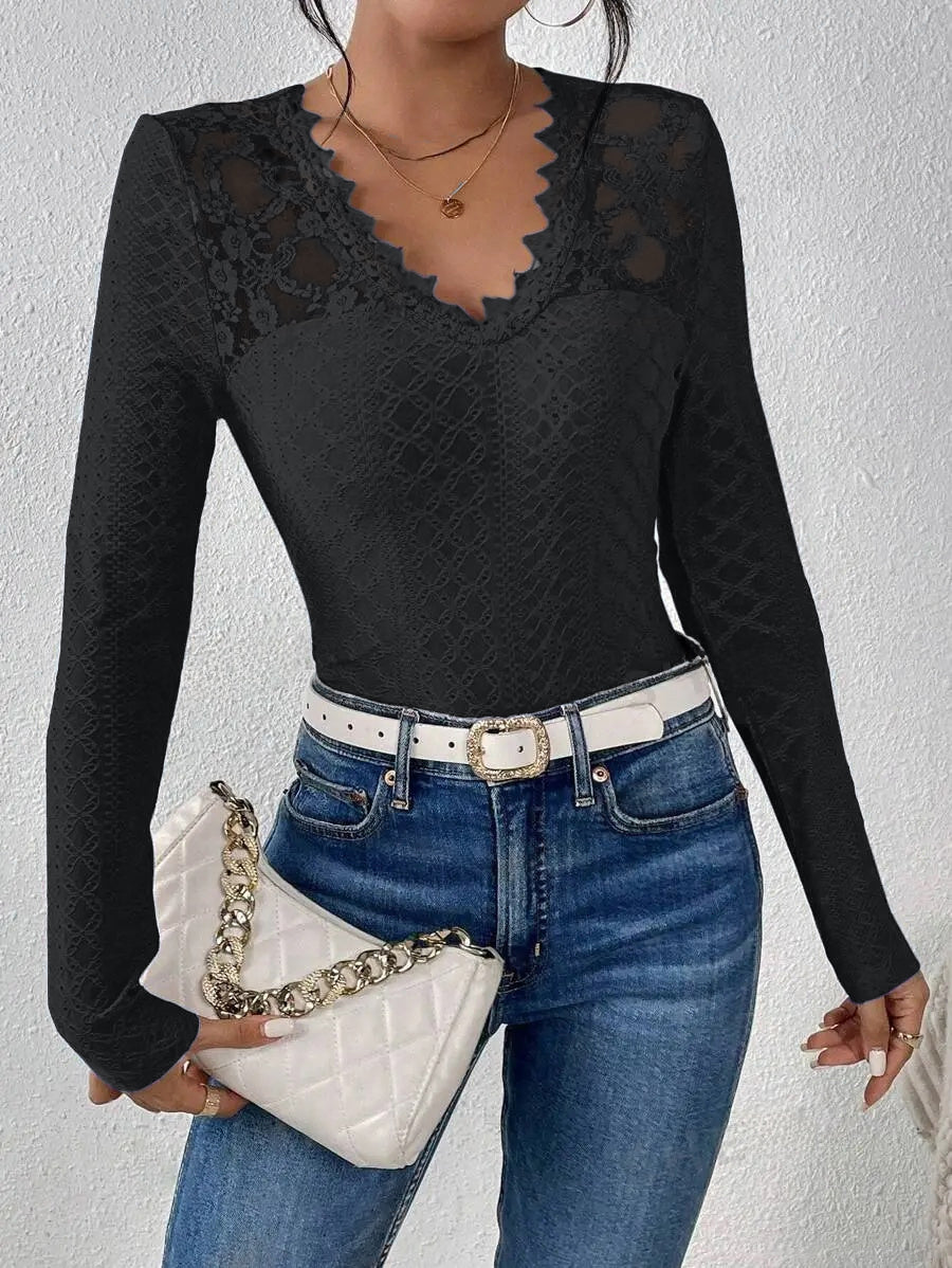 GR | Long-sleeved top, V-neck, Spetspanel