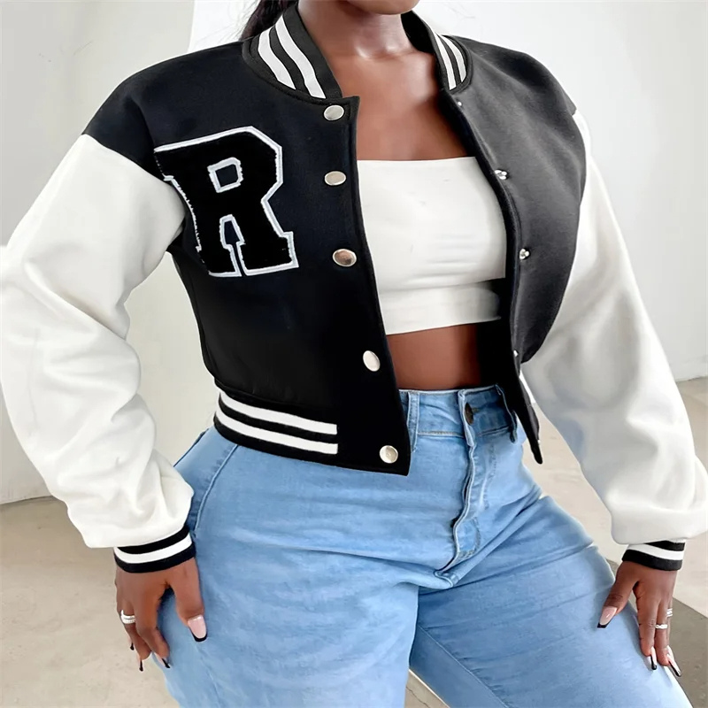 GR | Varsity Bomber Jacket for Women, Short Model with Letter Patch and Snap Button Closure