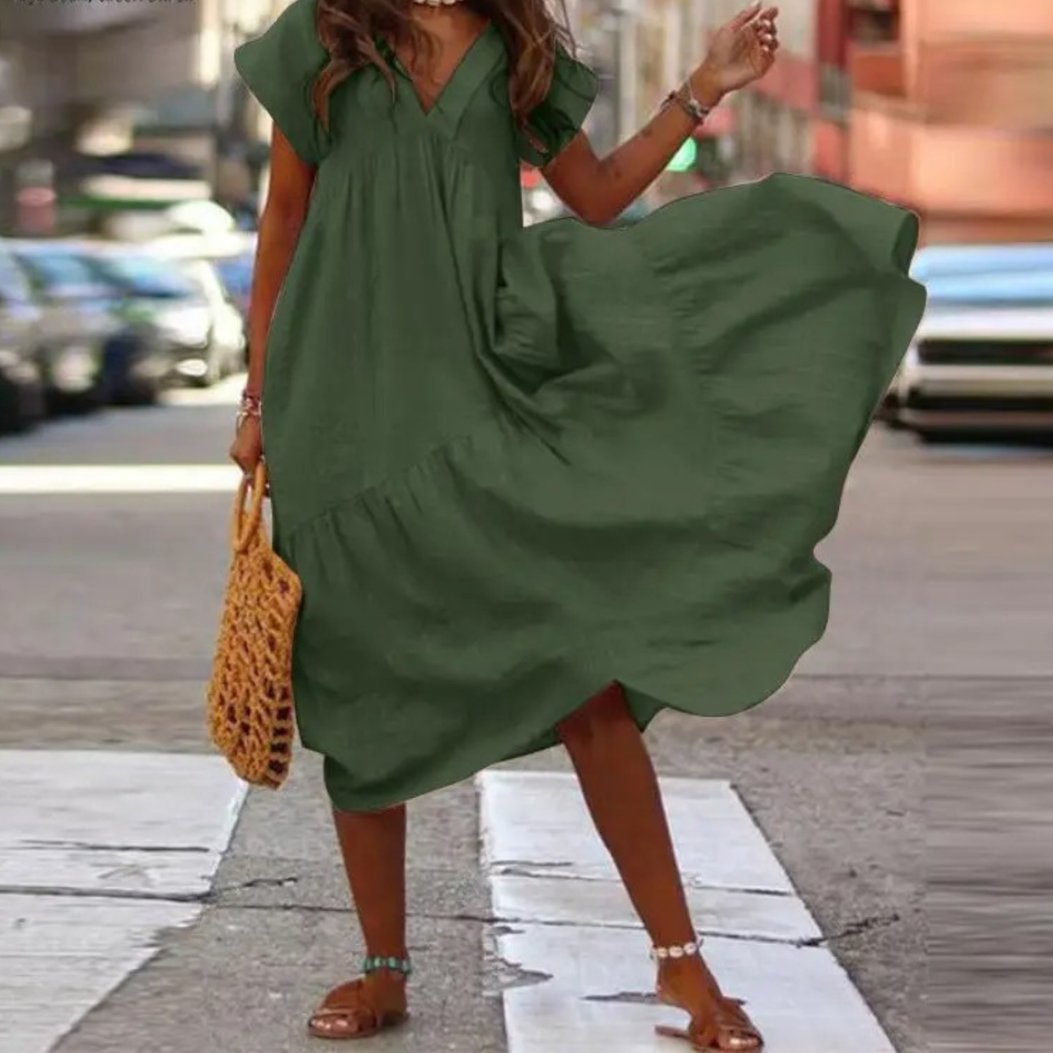 GR – Maxi-style shirt dress with V-neck and ruffles