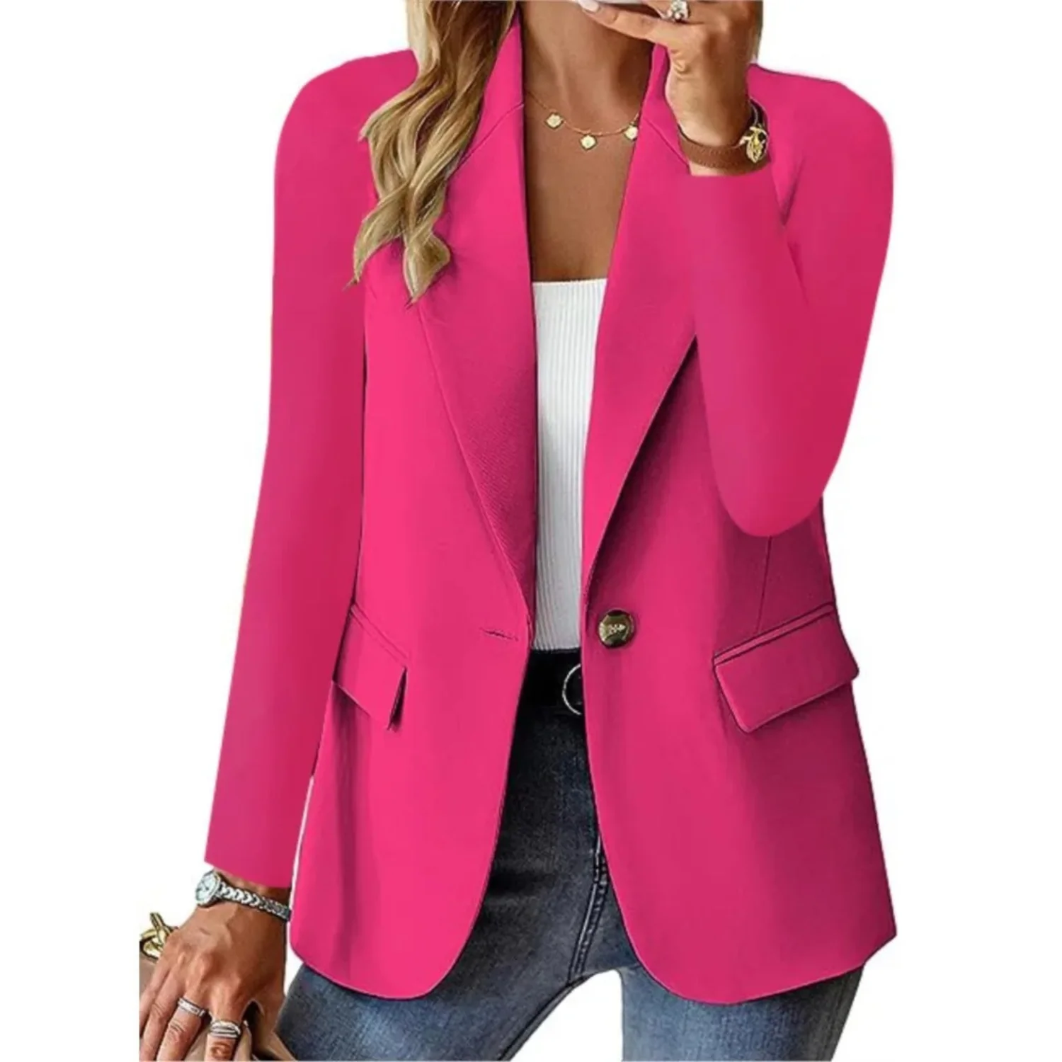 GR | Women's One-Button Blazer, Long Sleeves, Fitted Fit, Casual Jacket