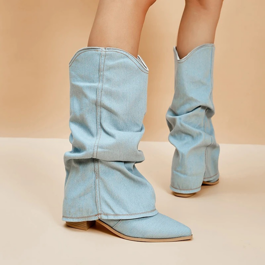GR | folded denim boots with block heel