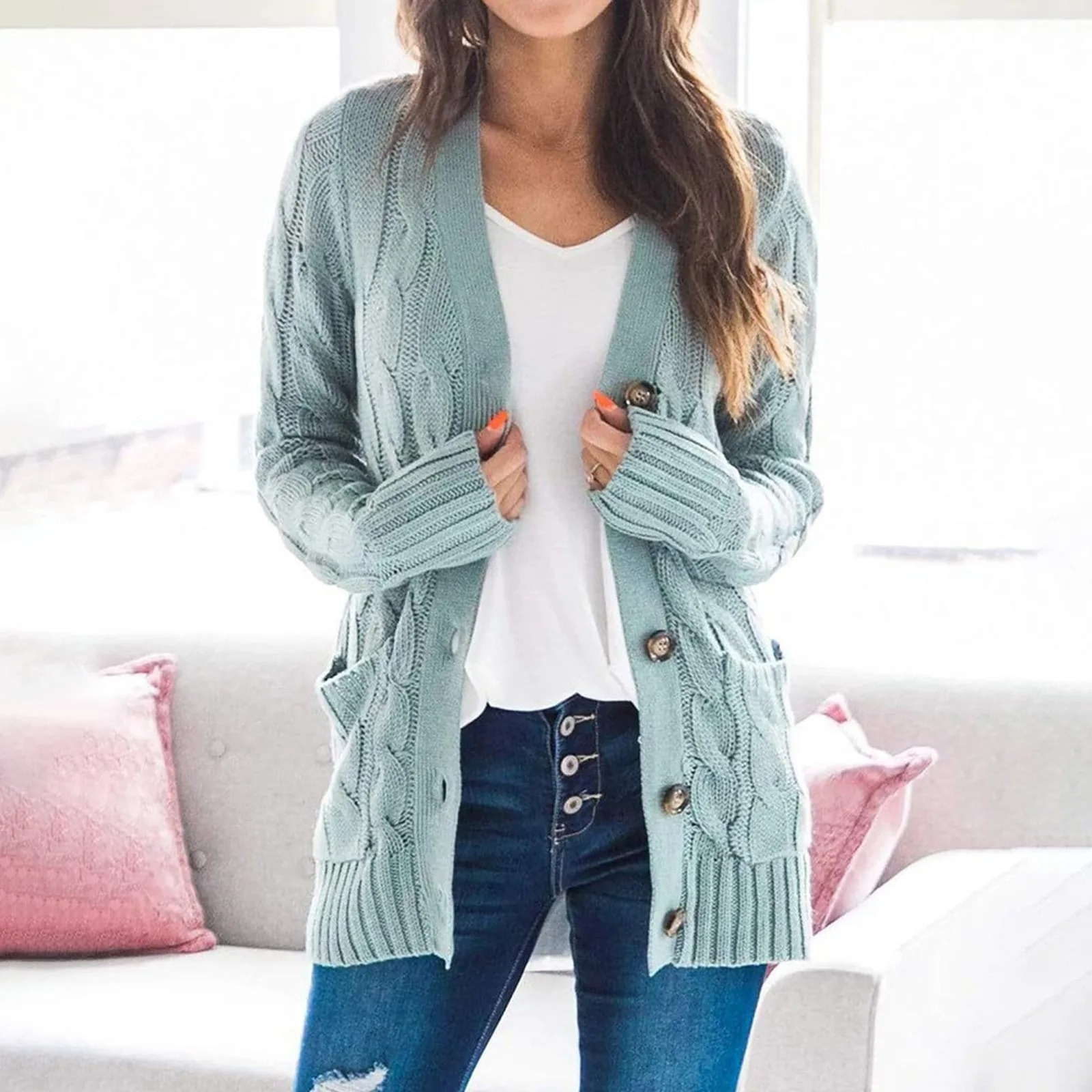 GR | Stylische Lange Strickjacke Für Damen Mit Knopfleiste