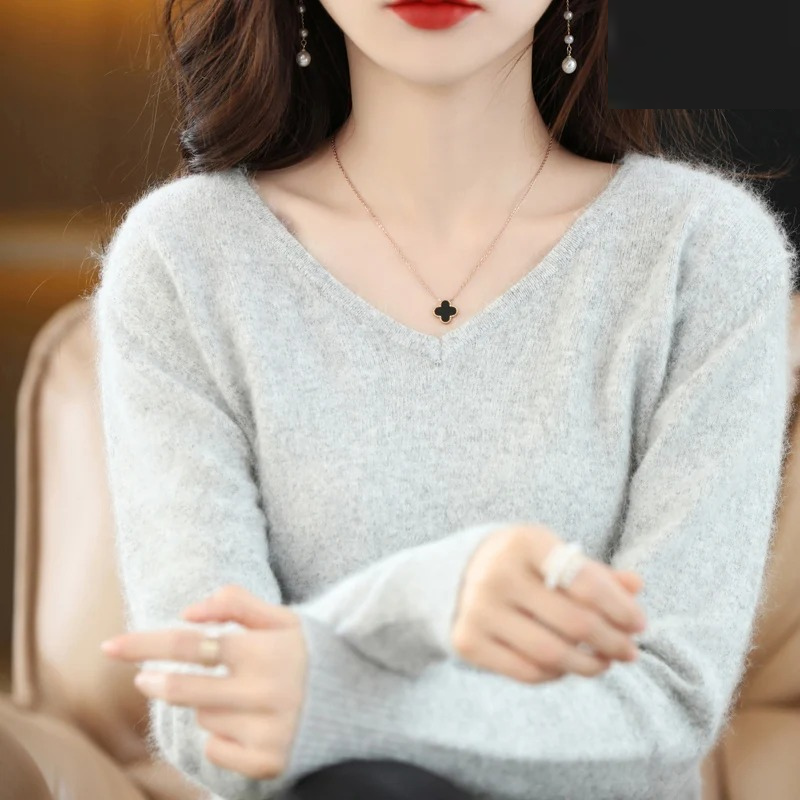 GR | Cashmere Pullover Damen V-ausschnitt Leichter und Weicher Strickpullover