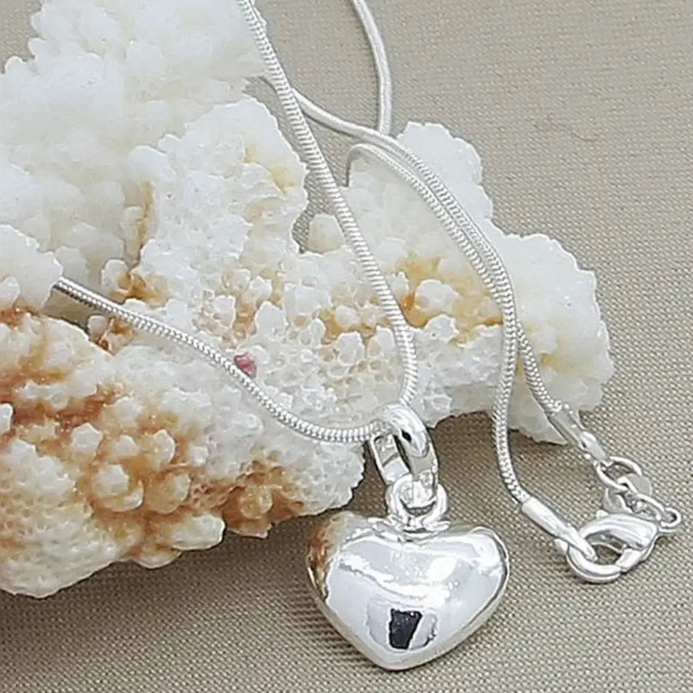 GR | Sterling Silver Solid Heart Necklace Snake Chain for Women