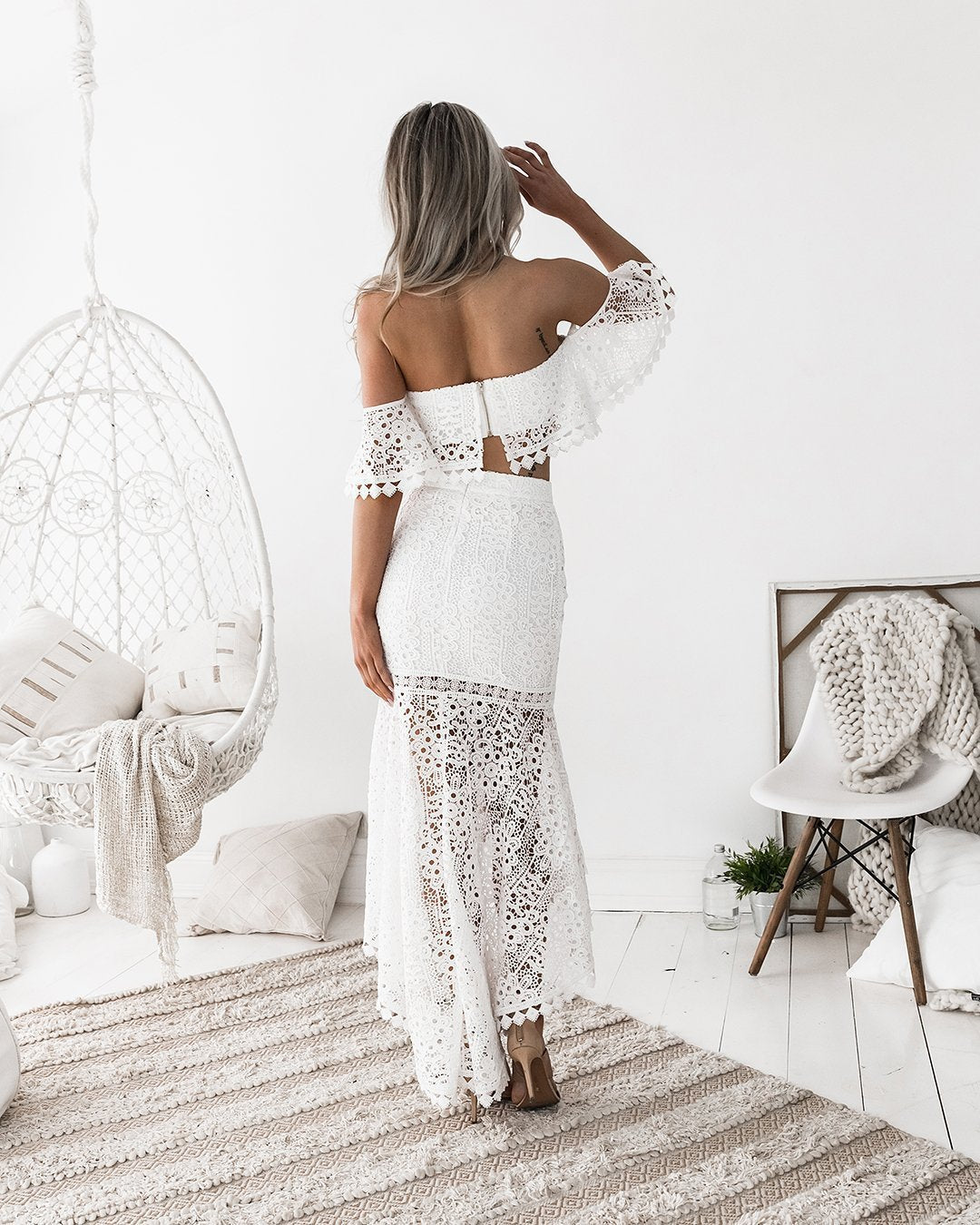 GR | Lace Off-Shoulder Crop Top High Low Skirt 2-Piece Set