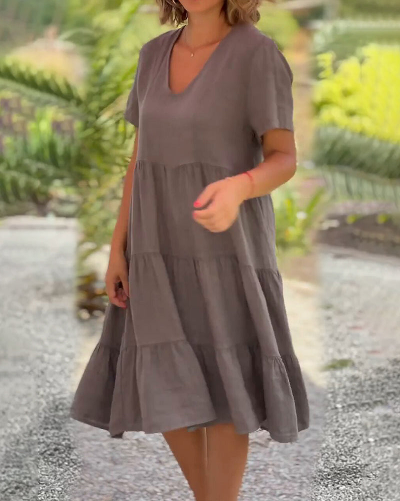 GR | Plain cotton-linen dress with V-neck
