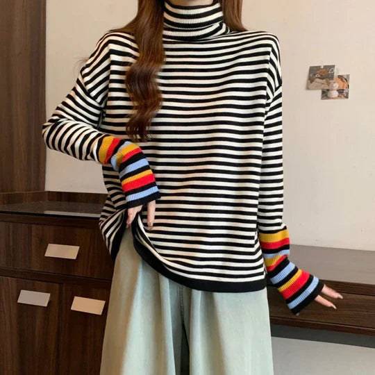 Striped sweater with a high neckline