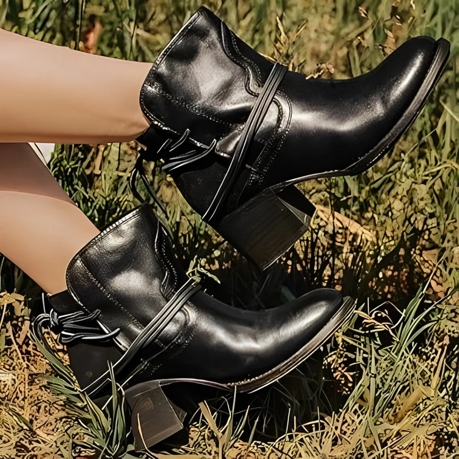 GR | Women's Western Ankle Boots with Wrap Lacing, Washed Leather, Chunky Heels