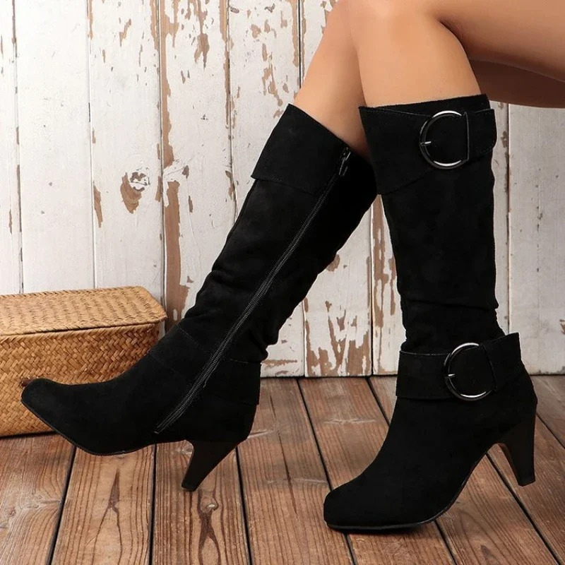 GR | Women's Knee-Length Boots with Zipper and Buckle Stylish High Boots