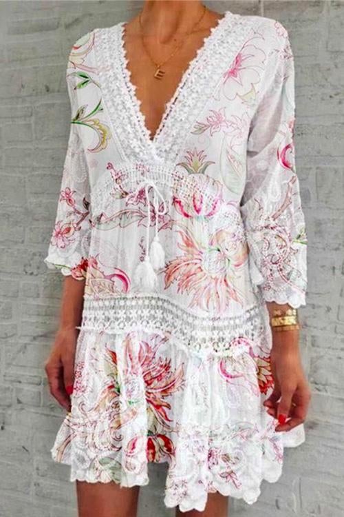 GR | Rosiedress V-neck lace trim tassel flowing dress