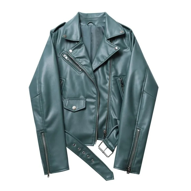 GR | Women's biker leather jacket with zippers and belt