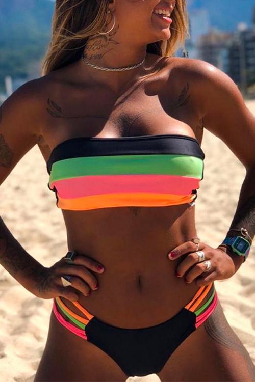GR | Rosiedress Rainbow Striped Tube Top Bandeau Bikini Set