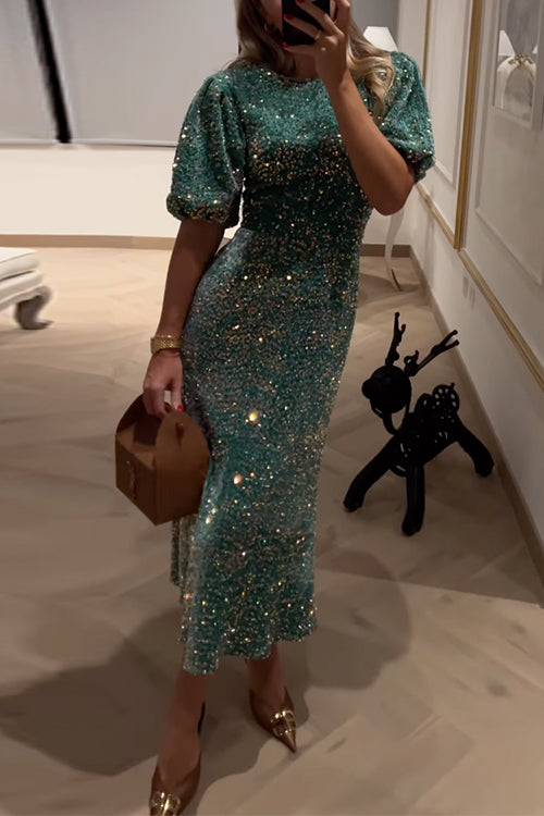 GR | Puff Kurzarm Tailliertes Pailletten Midi Partykleid