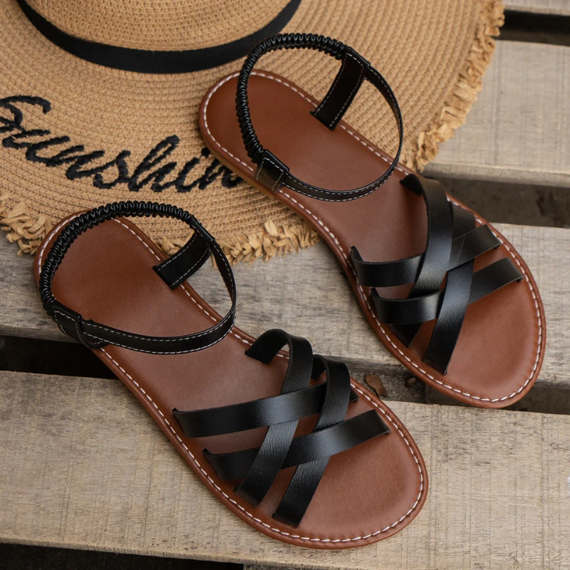 GR | Elegant leather women's sandals, flat shoes