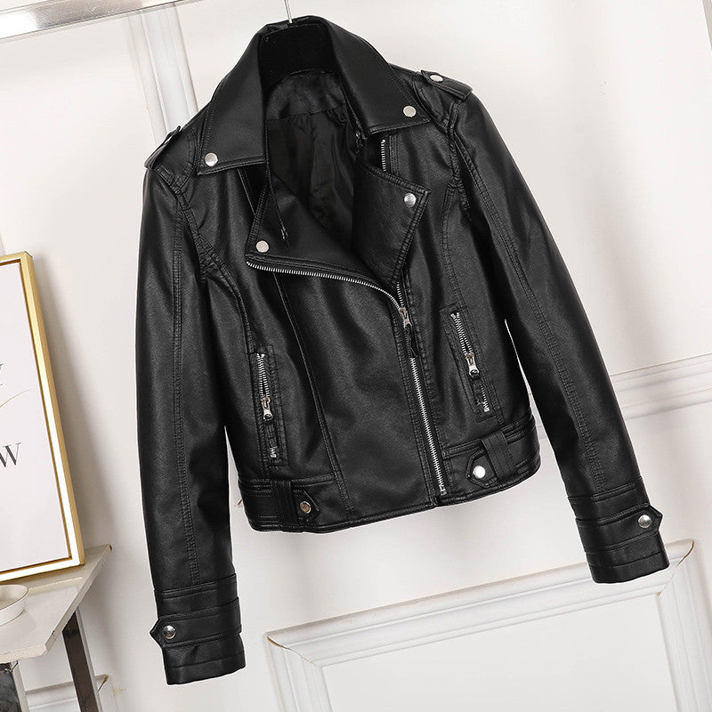 GR | Women's Slim Fit Black Leather Jacket with Lapel and Zipper