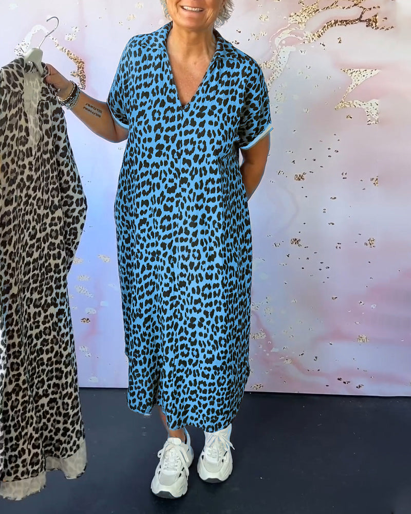 GR | Kurzärmliges Kleid mit Leopardenmuster und V-Ausschnitt