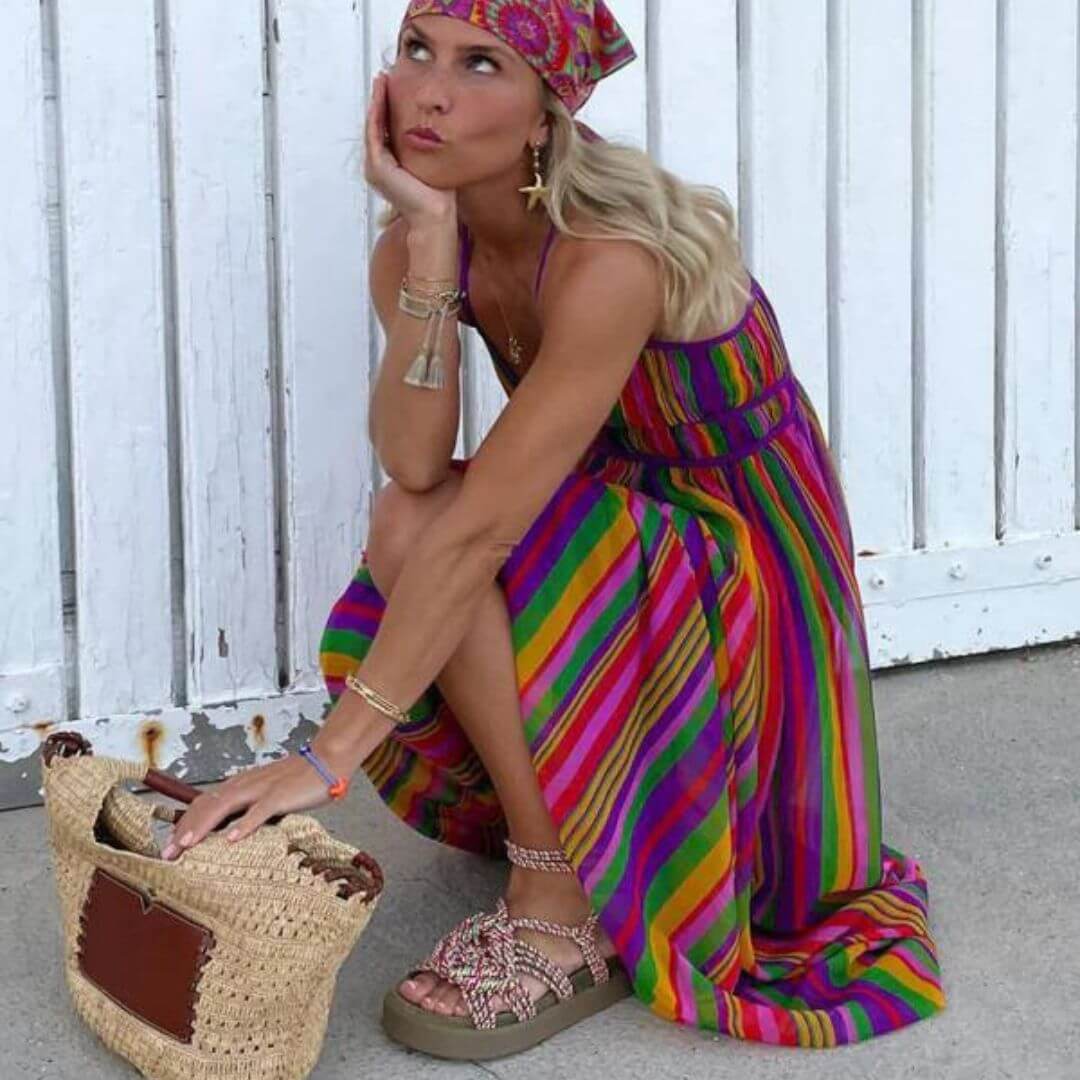 GR | Vibrant striped maxi dress with waist accentuation