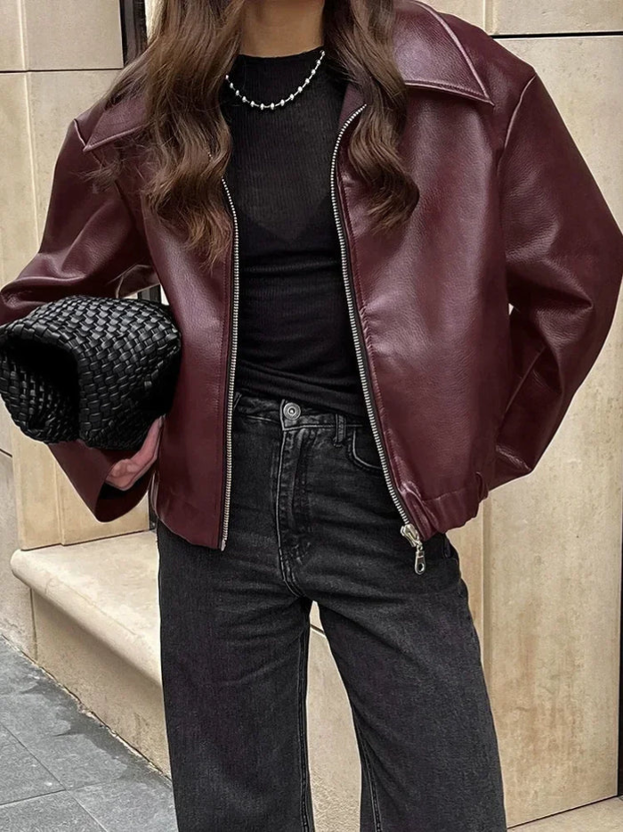 GR | Women's Red Leather Jacket Vintage Leather Jacket with Zipper For Women