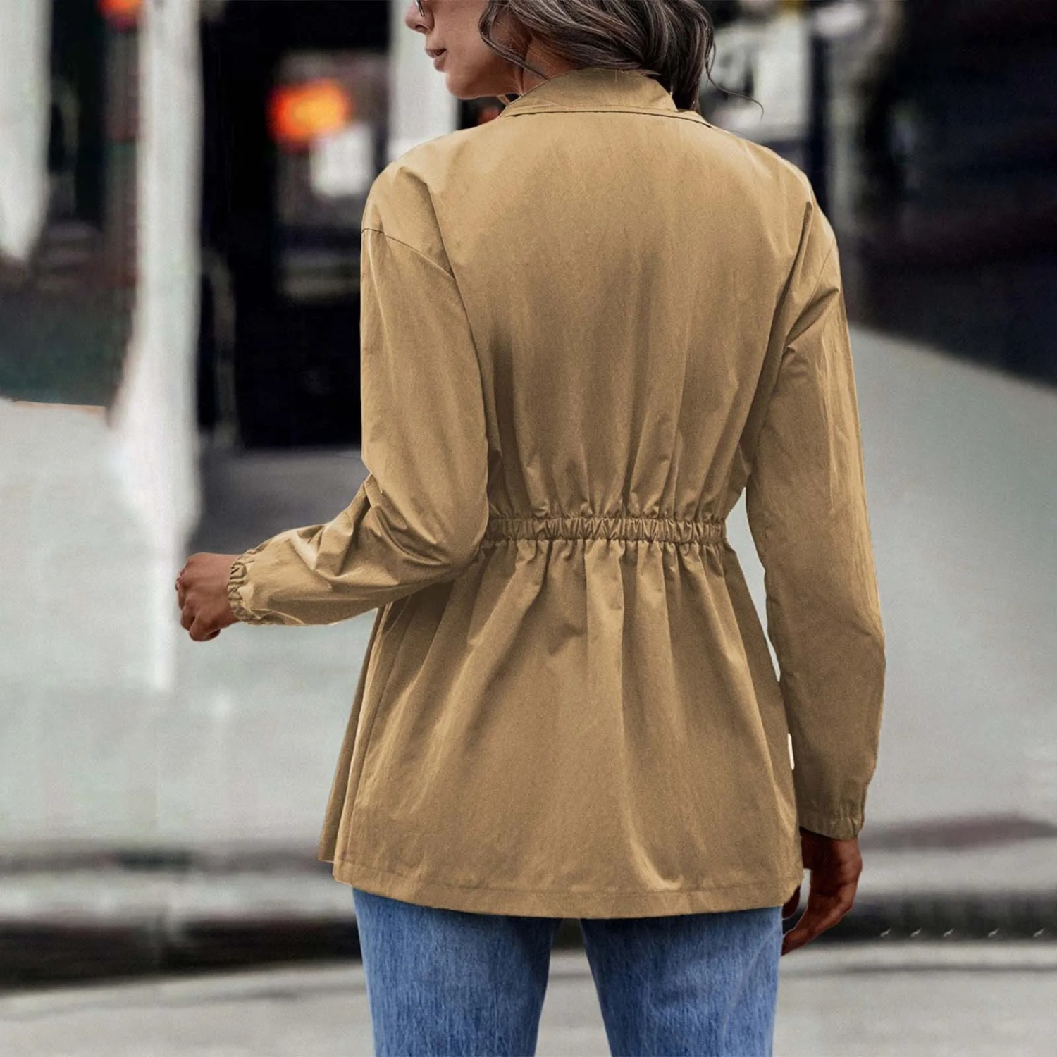 GR - Women's khaki casual drawstring jacket