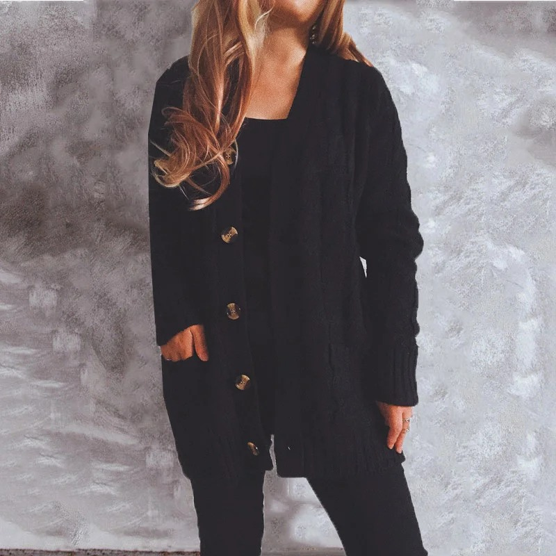 GR | Women's wool cardigan with cable knit pattern and wooden buttons, loose fit
