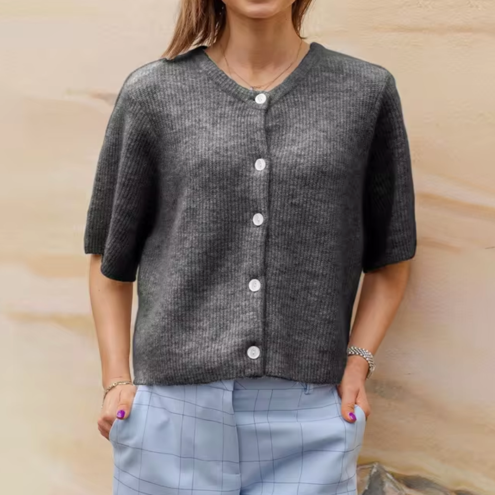 GR | Short Knit Cardigan with Buttons for Women