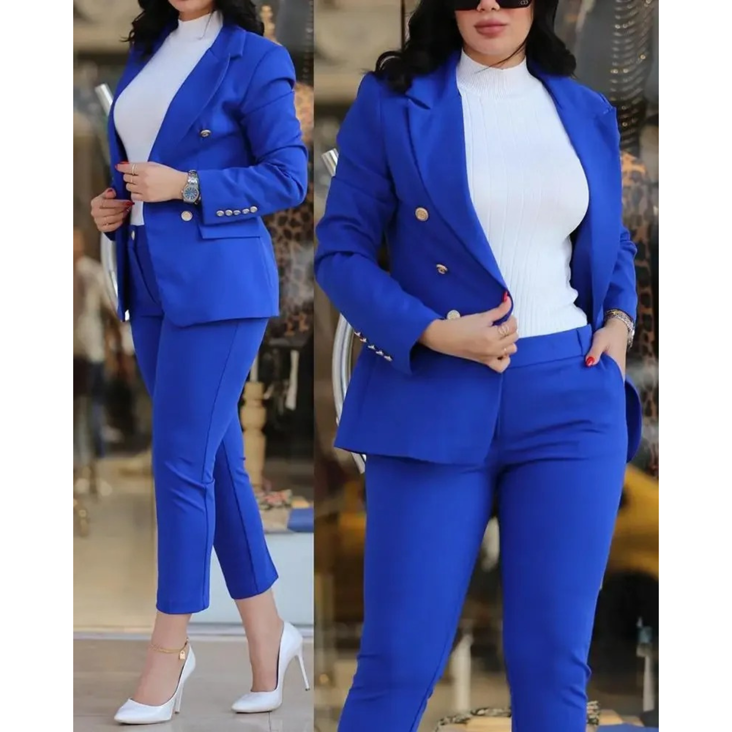 GR | Double-Button Blazer & Trousers Set with Pockets for Women