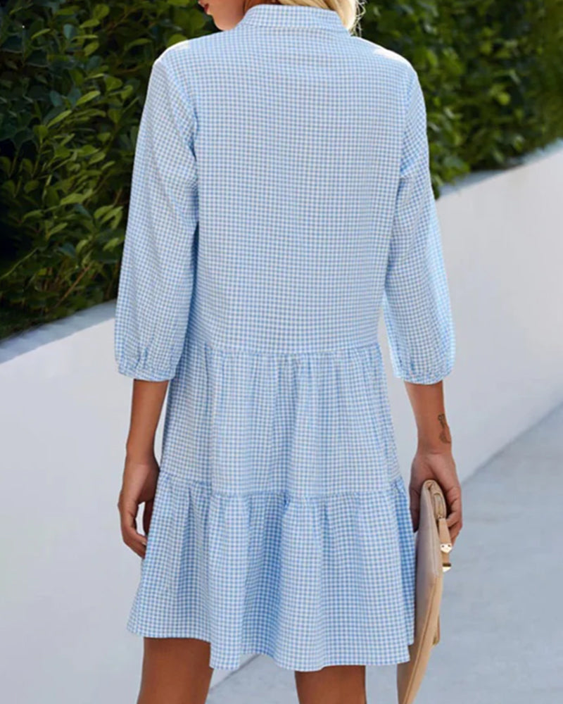 GR - Checked A-line dress with button placket for women | resembles a shirt dress
