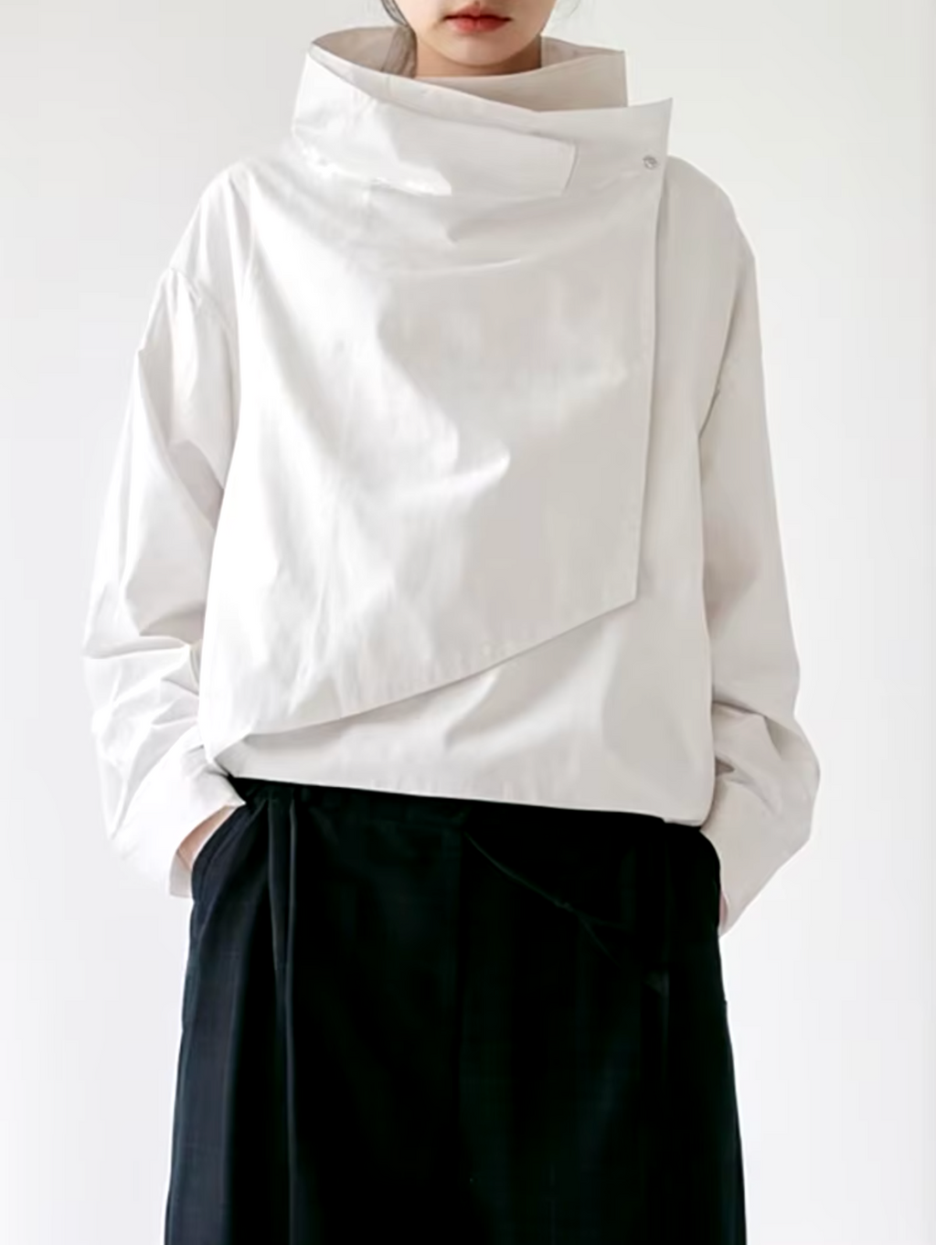 GR | Cotton long-sleeved top with stand-up collar