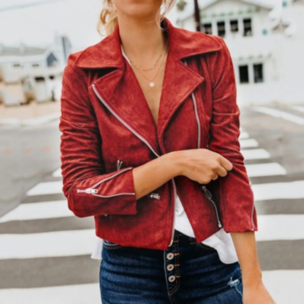 GR | Sport Stil Rot Leder Schnalle Damen Sommerjacke