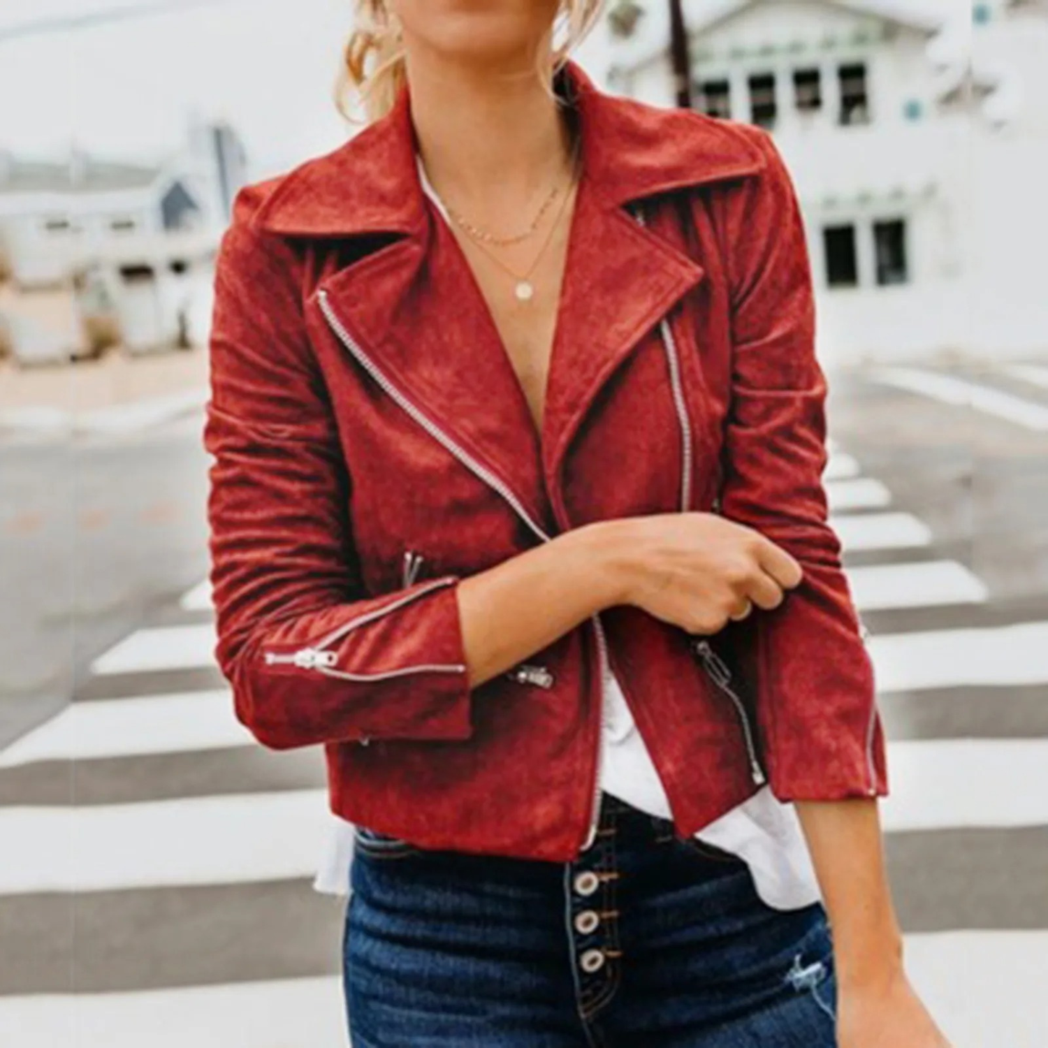 GR | Sport Stil Rot Leder Schnalle Damen Sommerjacke