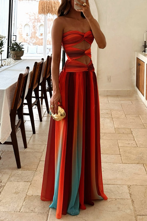 GR | Strapless Twist Front Cut Out Coloured Mesh Maxi Dress