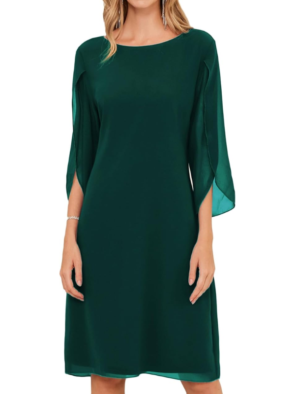 GR | Shift Dress Knee-length Bateau Neckline Three-quarter Slit Sleeves Flowing