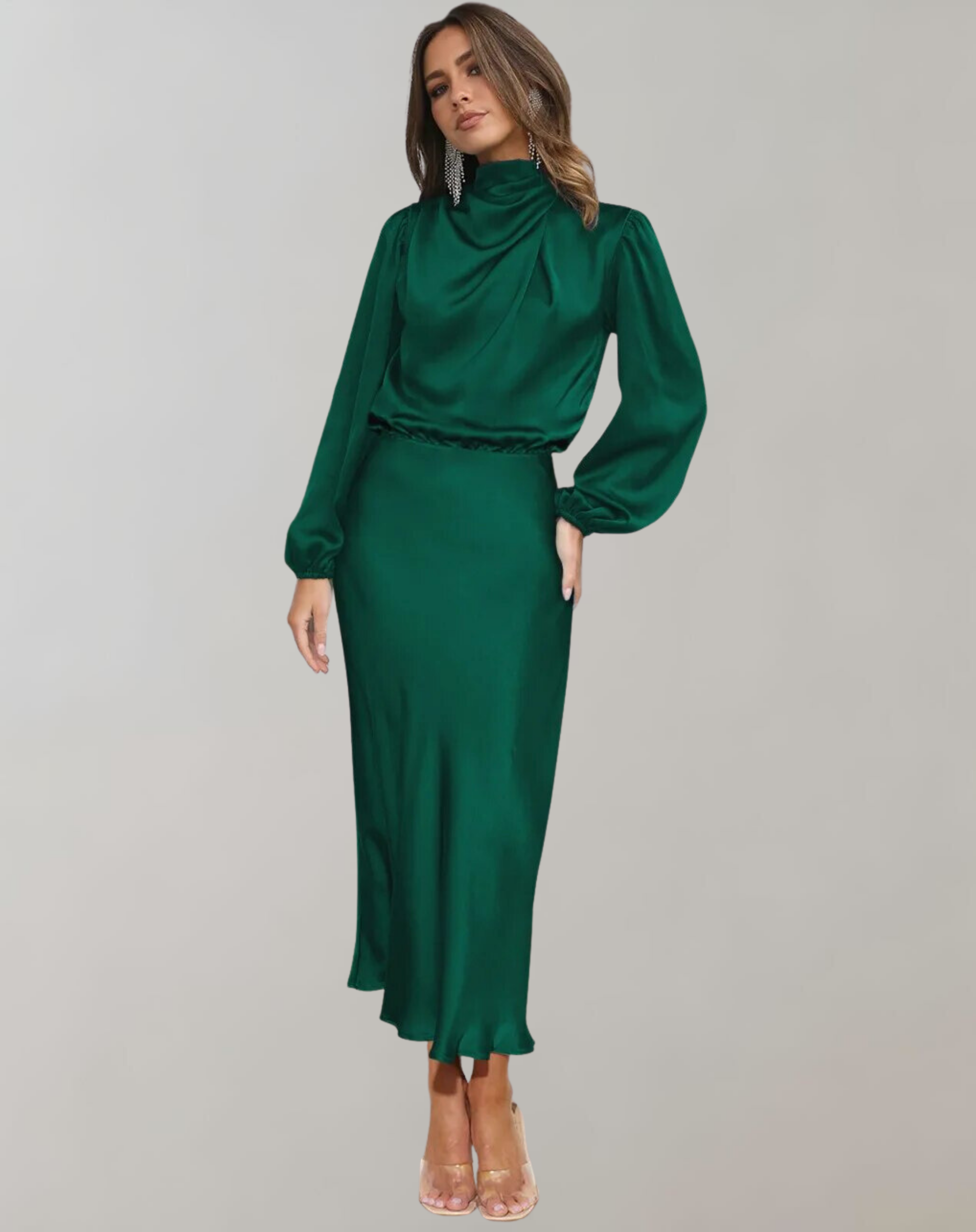 GR | Classic Satin Dress with High Collar and Long Sleeves for Women