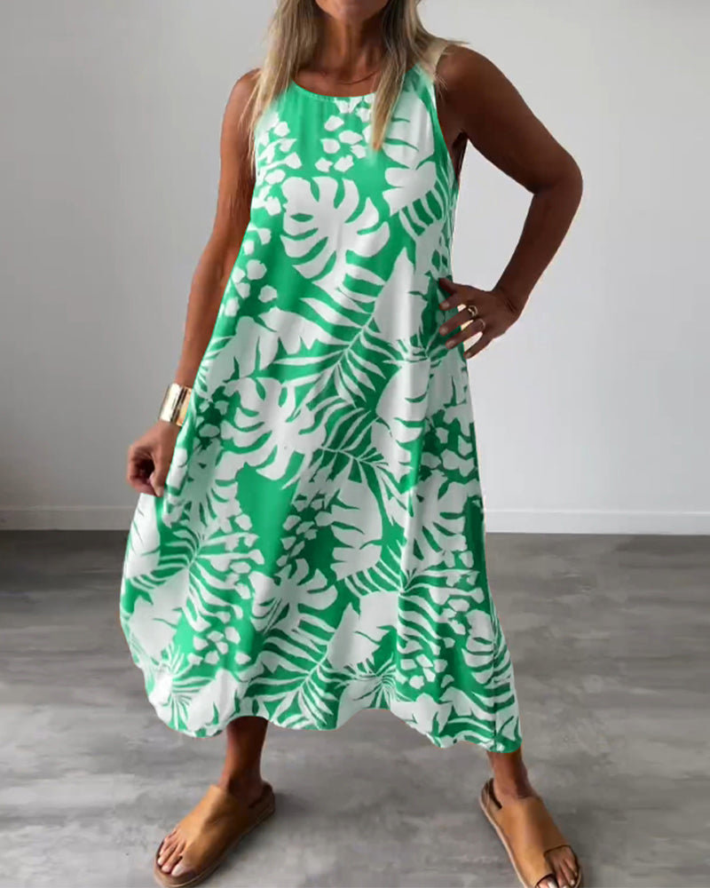 GR | Lässiges, Ärmelloses Kleid mit Blattmuster