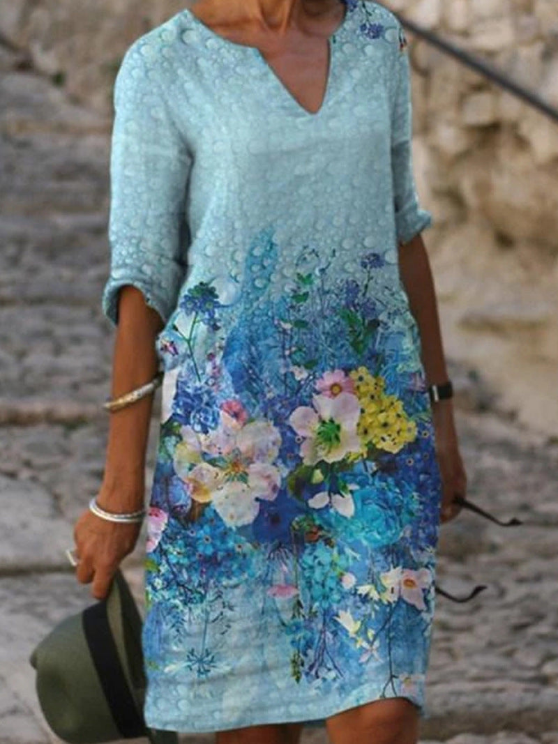 GR | Charming linen dress with floral print