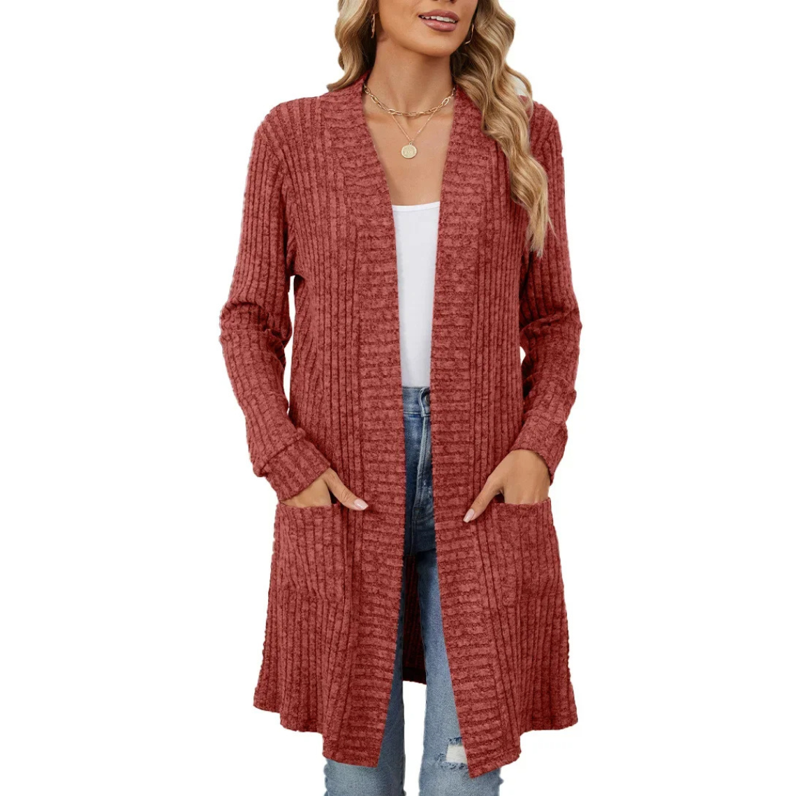 GR | Lange Strickjacken Damen Gerippte Offene Vorderseite Jacke mit Taschen