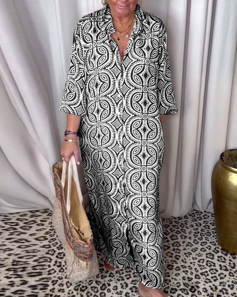 GR | Vintage Printed Maxi Dress with Lapel Pockets