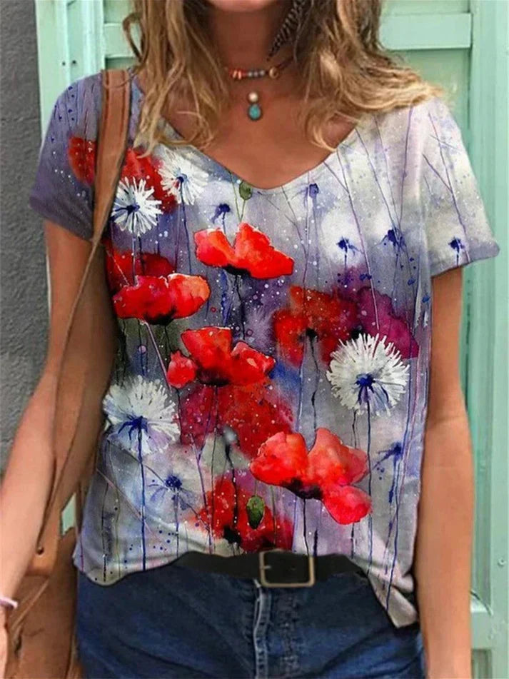 GR | Shirt Mit V-ausschnitt Malerei Blumenkunst