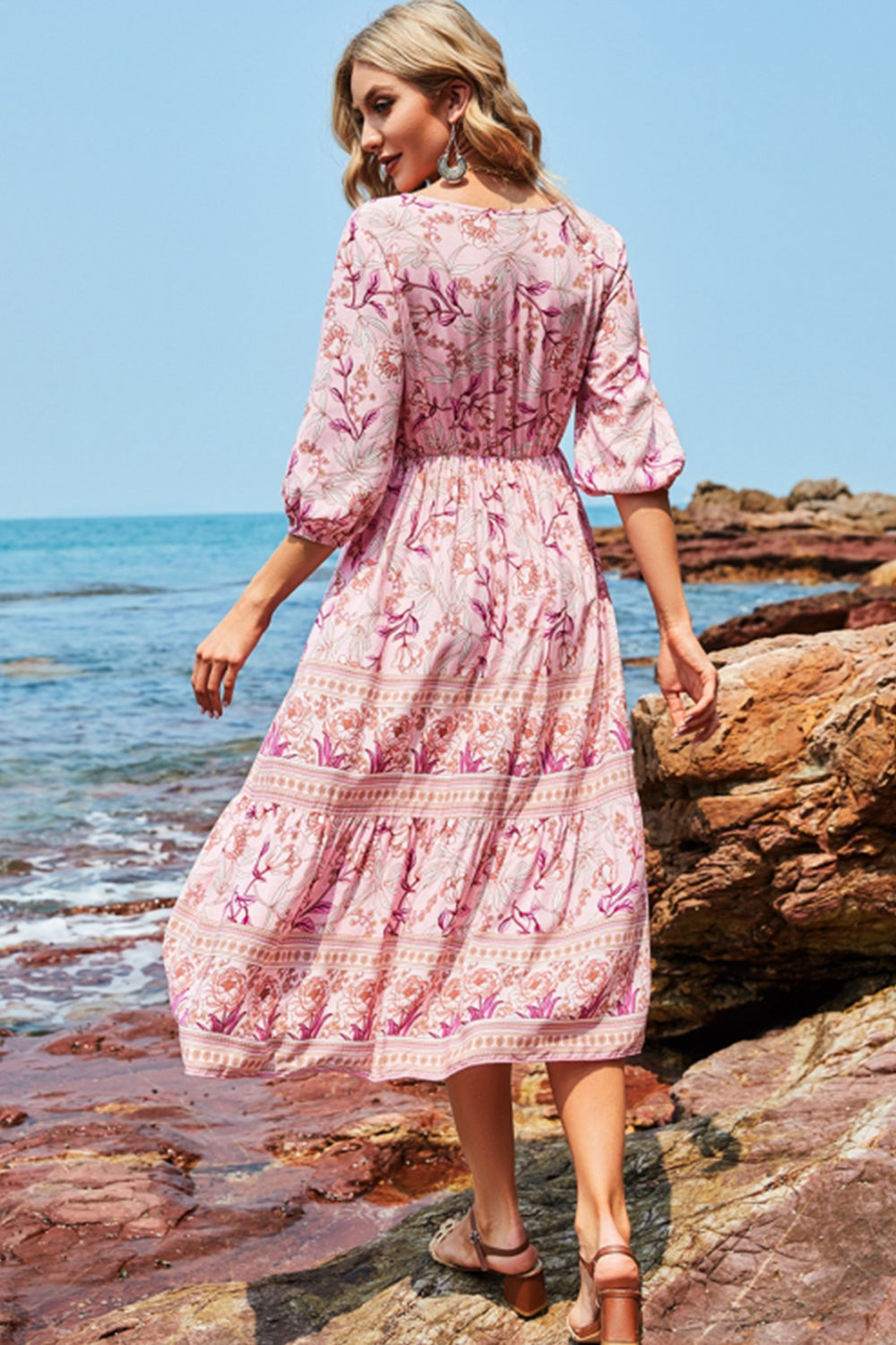 GR | High-waisted V-neck Boho beach dress