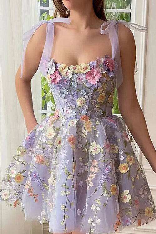 GR | Proof Of Perfection 3D Blume Bestickt Bindeband Mini Kleid