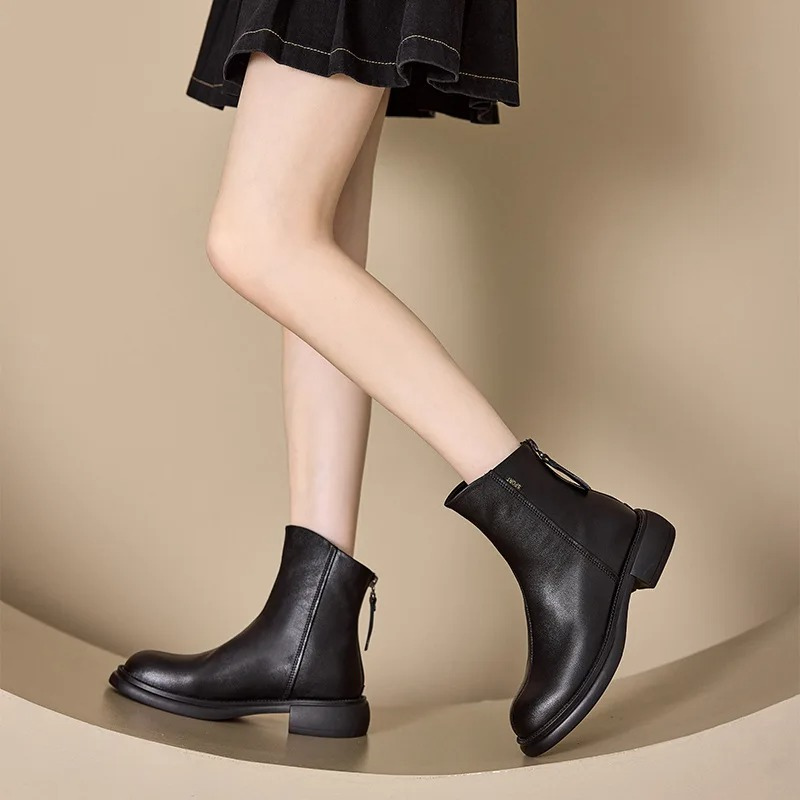 GR | Women's Leather Ankle Boots with Back Zipper and Low Heel