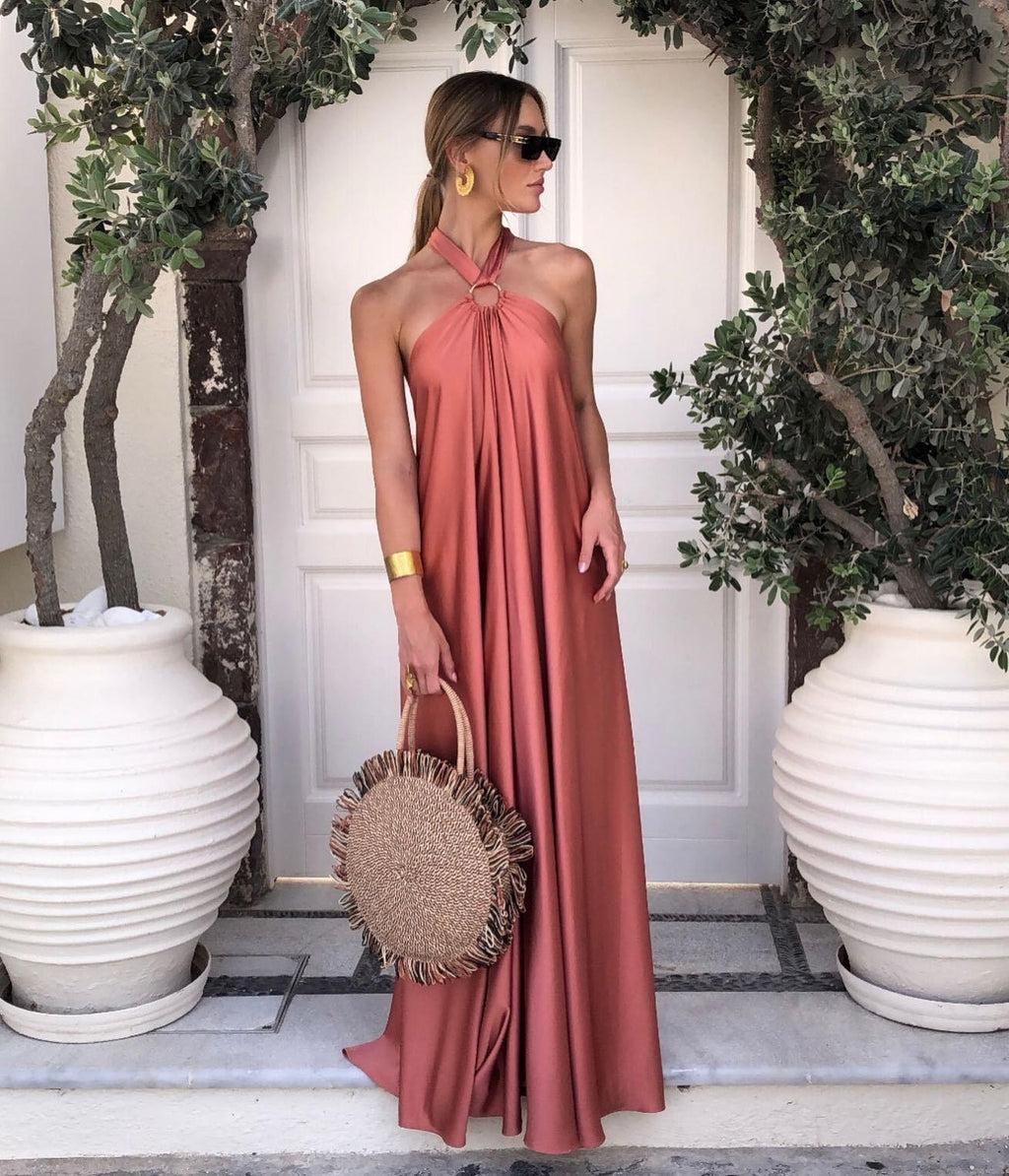 GR | Satin Halter Neck Maxi Dress for Women